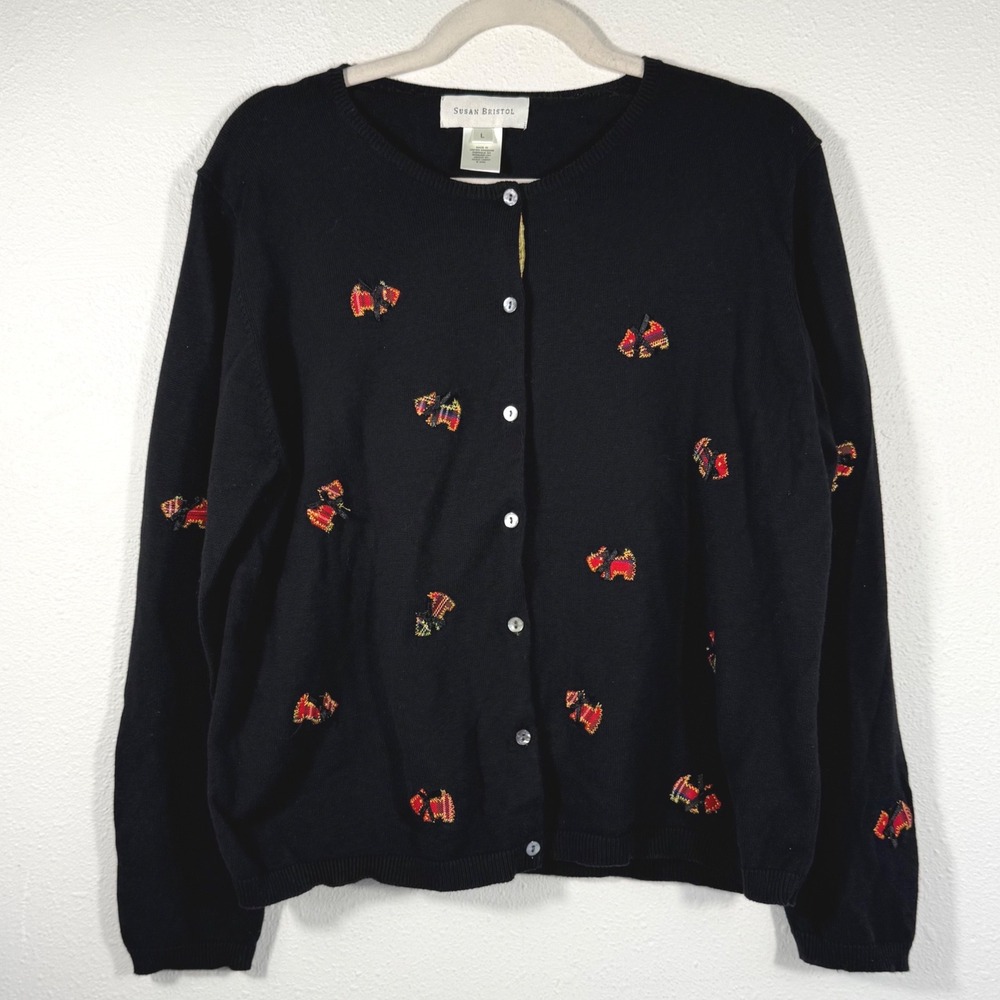 Vintage Susan Bristol Black Cardigan L Scotty Dog Plaid Embroidery Grandmacore